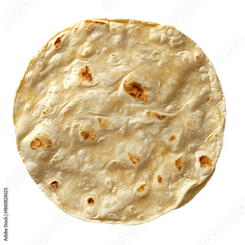 Freshly baked flour tortilla round flatbread with golden brown spots isolated on a white background for culinary use