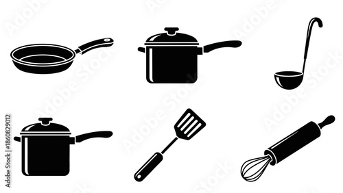 Black and white kitchen utensils icons on a plain background