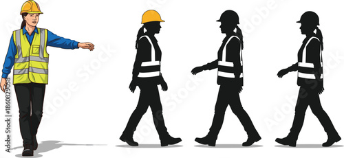 Isometric construction site with yellow tower crane building house and female engineer silhouettes for urban architectural development and industrial project management