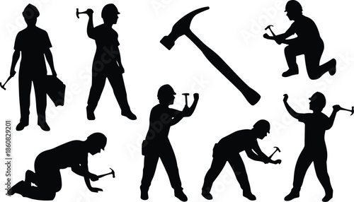 Construction worker hammer silhouettes collection isolated on white background showing building repair carpentry fixing and manual labor action poses