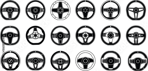 Steering wheel silhouette set, car interior icons, black vector illustration, automotive design elements, ergonomic layout, isolated white background