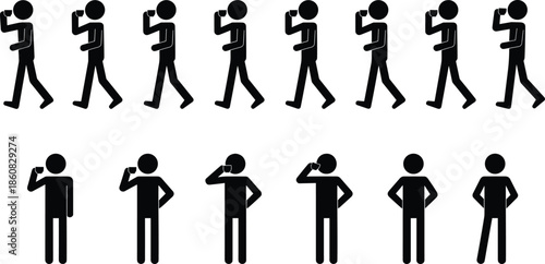 Stick figure phone sequence, talking silhouette icons, behavioral motion stages, communication gesture design, cad drawing flat vector illustration