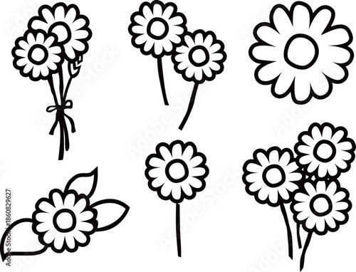 デイジーの花アウトライン白黒線画イラストセット　　カモミールやハーブ系のシンプルな花のイメージ　透明背景