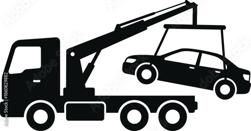 Tow truck silhouette, lifting car, roadside assistance, vehicle recovery, crane arm, black icon, vector illustration, cad drawing flat vector illustration, transportation service, breakdown suppor