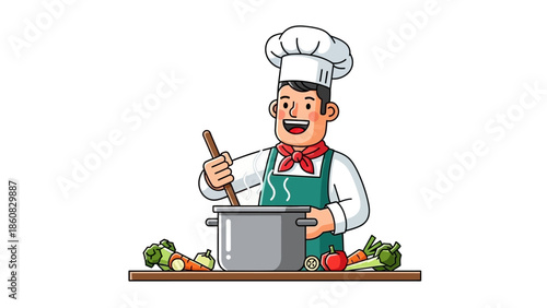 Cartoon chef stirring a pot of food with vegetables on a table