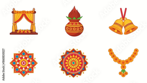 Flat lay of traditional Indian festival icons and ornaments on white background