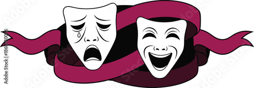 Tragedy mask, comedy mask, theater symbols, drama emotion, performing arts, sad face, happy face, stage icon, classic expression, artistic concept