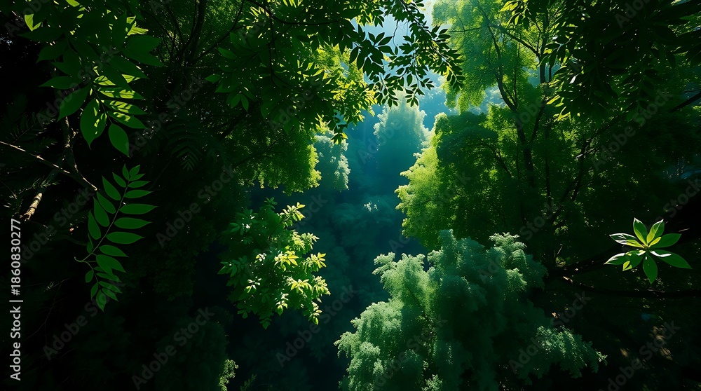 Fototapeta premium Lush Green Forest Canopy with Sunlight Filtering Through Trees