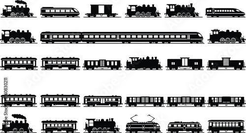 Train silhouette collection set, steam locomotive and passenger rail cars, transportation icons, vintage railway design, cad drawing flat vector illustration