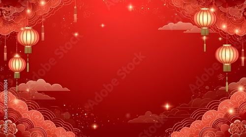 Chinese New Year Festive Red Background with Hanging Lanterns and Traditional Clouds