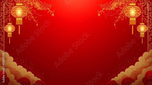 Traditional Chinese holiday celebration background with hanging lanterns on a vibrant red gradient