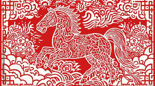 Intricate Red Paper-Cut Style Illustration of a Galloping Horse Amidst Floral Motifs