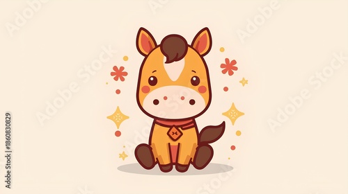 Sweet kawaii pony illustration with sparkles, an adorable and charming cartoon horse character Chinese New Year