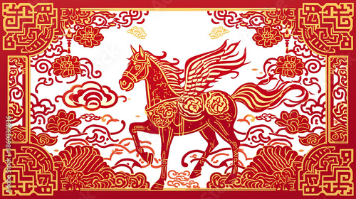 Chinese New Year illustration of a winged horse surrounded by traditional patterns and clouds