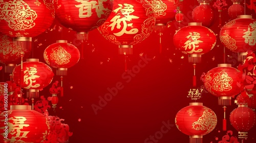 Traditional Chinese New Year red lanterns illuminating a festive and abundant celebration