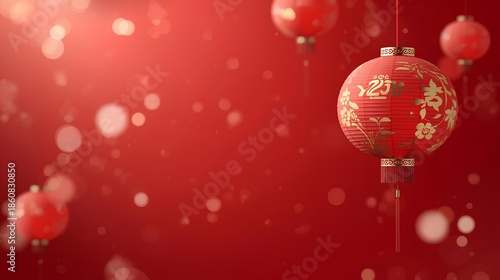 Elegant red and gold Chinese lanterns glowing against a sparkling bokeh background for holiday festivities