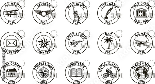 Vintage postal stamp collection set, retro mail postmark icons, classic delivery symbols, circular seals, cad drawing flat vector illustration