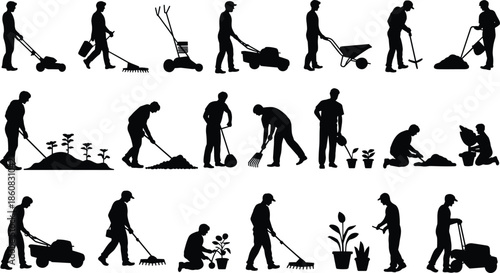 Gardening silhouettes collection showing landscapers using tools planting watering raking mowing wheelbarrow work outdoor yard maintenance icons vector illustration set