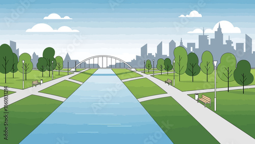 Urban Oasis: An expansive urban park unfolds, revealing a serene waterway embraced by meticulously manicured lawns and verdant trees, offering a tranquil escape within a bustling city.