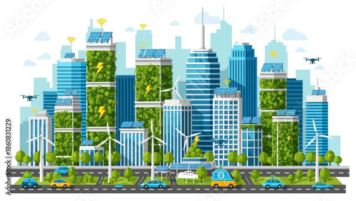 Eco-City: A visionary urban landscape showcases a sustainable future, where eco-friendly buildings and renewable energy sources harmoniously integrate to create a green and vibrant cityscape.