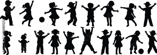 Happy children playing silhouettes isolated on white background showing jumping running dancing and joyful childhood activity poses collection