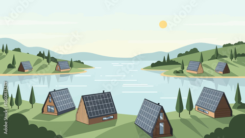Eco-Friendly Cottages by the Lake: A tranquil scene unfolds as charming cottages adorned with solar panels dot the landscape around a serene lake, reflecting the embrace of nature's purity. 