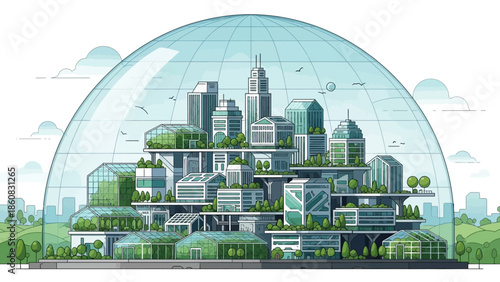 Eco-City Under Glass: A visionary illustration presents a self-sustaining eco-city enclosed within a protective glass dome, a symbol of sustainable development and environmental consciousness.