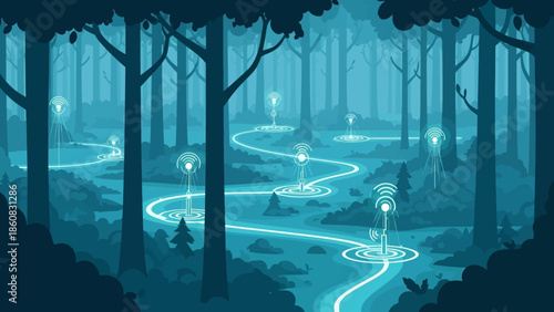 Enchanted Forest Path: A mystical forest path, illuminated by glowing orbs, winds its way through a dense woodland. The ethereal scene evokes a sense of wonder and invites exploration.