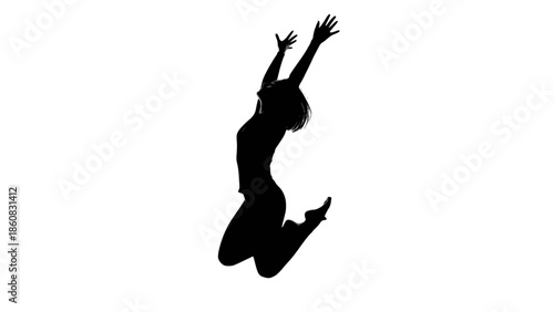 Black silhouette of a joyful woman jumping with raised hands: Design for fitness app interface, motivational posters, or health and vitality ad campaigns. Transparent background SVG version.