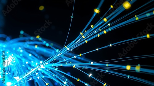 Close-Up of Blue and Yellow Fiber Optic Cables in Dark Background