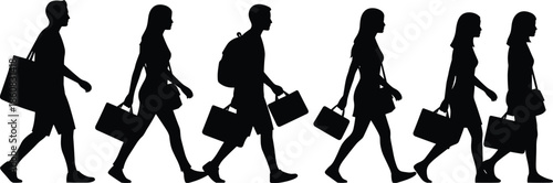Walking people silhouettes carrying shopping bags isolated on white background, urban lifestyle, retail consumer behavior, business commuters, modern city illustration