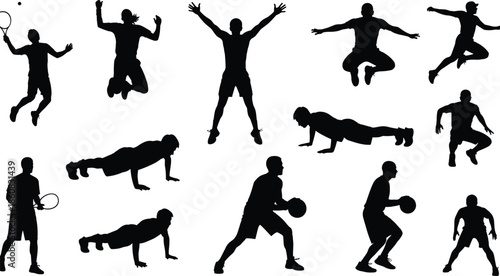 Sport and fitness action silhouettes isolated on white background showing jumping training exercises ball games and athletic workout poses