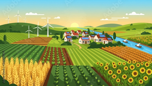 Harmonious Rural Vista: A panoramic view of an idyllic countryside with cultivated fields, a quaint village, and eco-friendly wind turbines, painted in the warm hues of a setting sun.