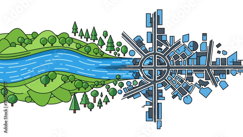 City vs. Nature: A visual metaphor contrasting the concrete jungle with the serene beauty of the natural world, symbolized by a flowing river and verdant landscape.