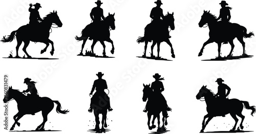 Western cowboy riding horse silhouettes isolated on white background showing rodeo action equestrian motion ranch lifestyle and wild west scenes