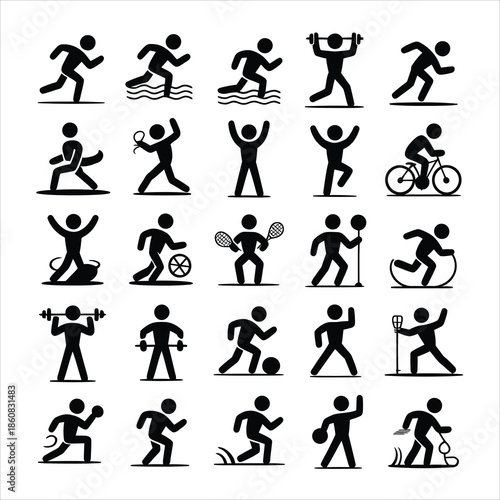 A diverse collection of stick figure symbols representing people participating in various sports and physical activities