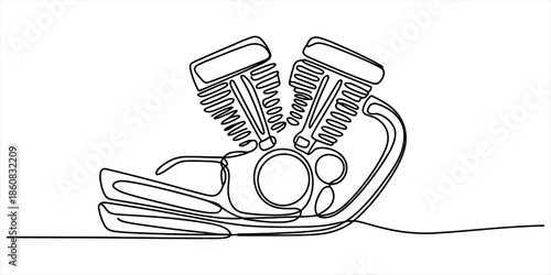 Continuous line drawing of a powerful v-twin motorcycle engine isolated on white background Vector, illustration