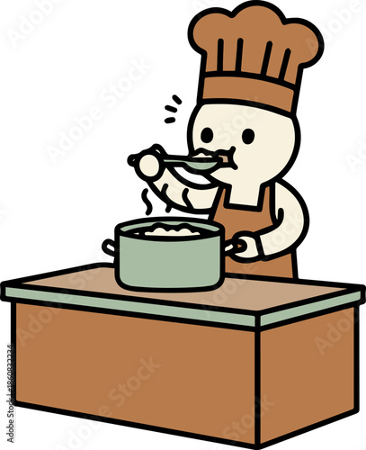 Cartoon chef cooking with spoon in kitchen