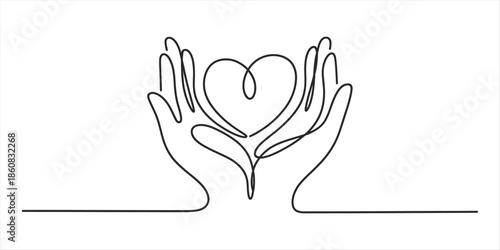Minimalist single line art illustration of human hands cradling a delicate heart symbol Vector, illustration