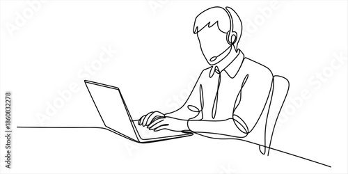 Continuous line drawing of a person working on a laptop while wearing a headset Vector, illustration