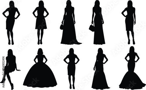 Women silhouette fashion set, black vector illustration, stylish poses, dresses, skirts, handbags, elegance, body language, flat design