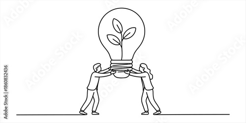 Two people collaborating to push a big lightbulb with a plant inside, representing a new green idea Vector, illustration
