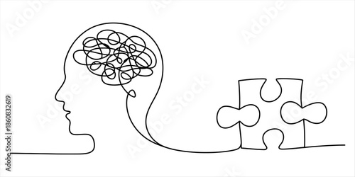 Finding clarity from confusion: a single line drawing connecting a tangled mind and a puzzle piece Vector, illustration