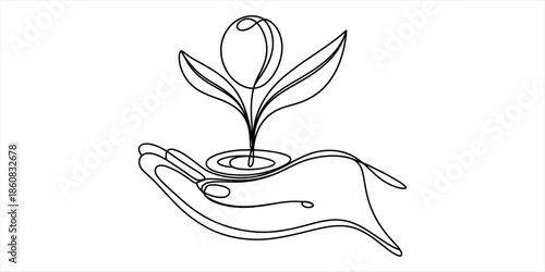 A continuous line drawing illustrating a hand protecting and nurturing a small plant sprout. Vector, illustration