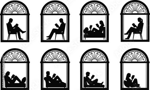 People reading book silhouettes inside window frames, cozy home leisure and education concept, men and women relaxing with books, black silhouettes isolated on white background