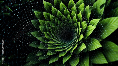 Green leaves spiral pattern with digital network overlay, symbolizing eco digital transformation and nature inspired geometry in futuristic design