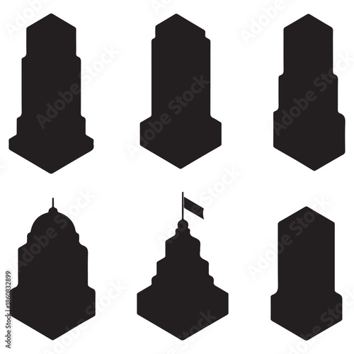  A collection of six unique black isometric silhouettes representing different architectural building designs