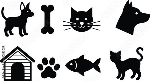 Pet silhouette icon set, dog cat fish bone, black white vector, paw print graphic, cad drawing flat vector illustration