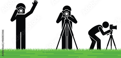 Photographer silhouette set with camera and tripod, outdoor photo shooting poses on grass in black isolated vector illustration concept