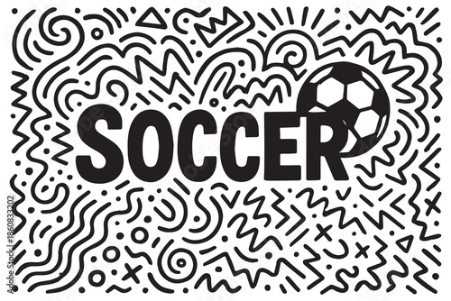 A dynamic vector background doodle featuring the word soccer, filled with sporty elements, playful icons, energetic lines, and hand drawn details that create a fun and active football theme.